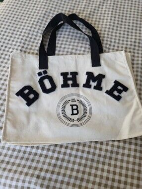 Böhme Cream anvas Tote Bag Featuring Black Chenille Lettering and a Varsity Logo